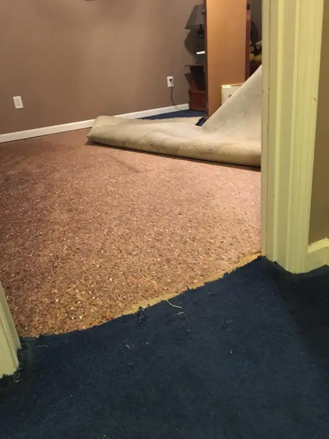 Carpet pad removal revealing water damage during Water Mitigation Services in Watchung